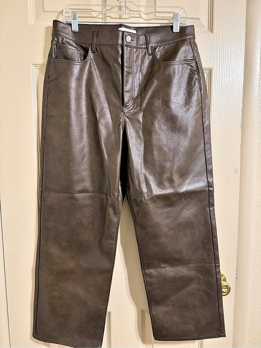 LOFT Faux Leather Pocket Straight Pants Brown Petite size 31/12 NWT